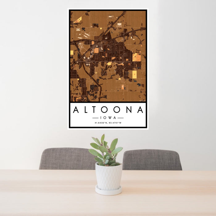 24x36 Altoona Iowa Map Print Portrait Orientation in Ember Style Behind 2 Chairs Table and Potted Plant