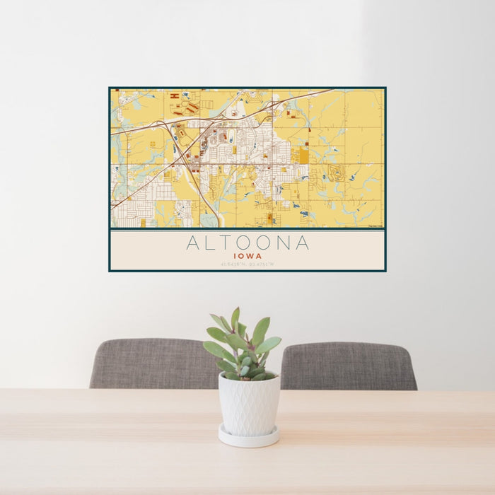 24x36 Altoona Iowa Map Print Lanscape Orientation in Woodblock Style Behind 2 Chairs Table and Potted Plant