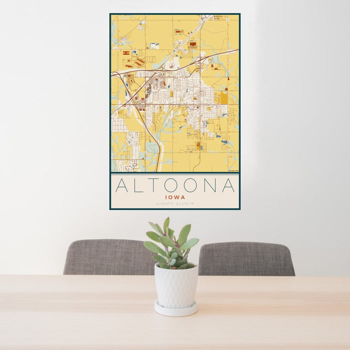 24x36 Altoona Iowa Map Print Portrait Orientation in Woodblock Style Behind 2 Chairs Table and Potted Plant