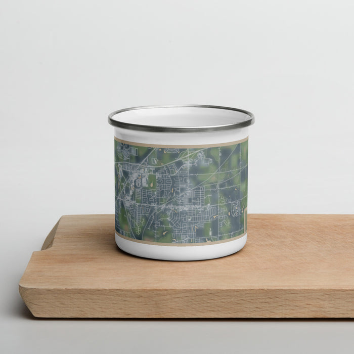 Front View Custom Altoona Iowa Map Enamel Mug in Afternoon on Cutting Board