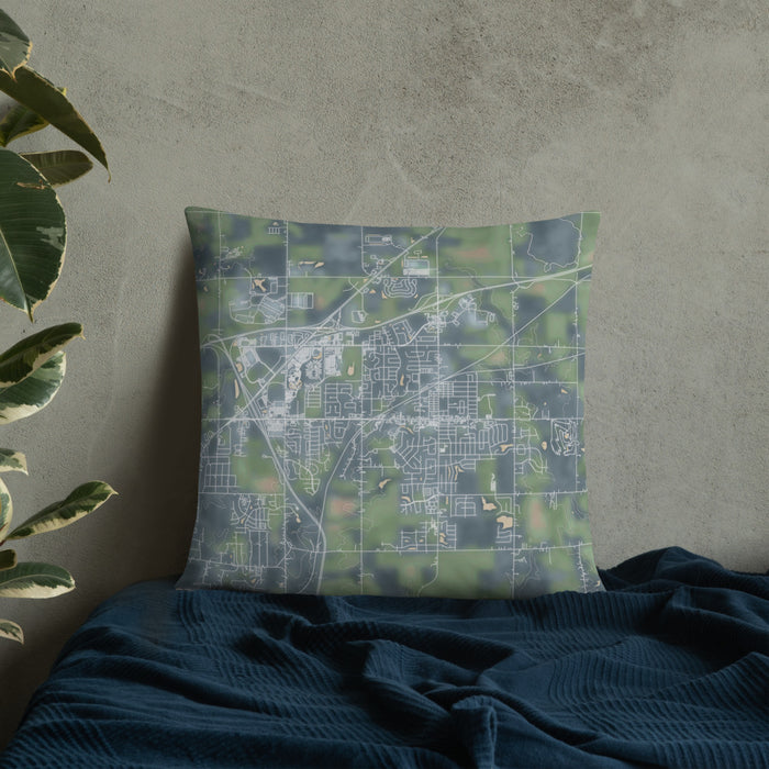 Custom Altoona Iowa Map Throw Pillow in Afternoon on Bedding Against Wall