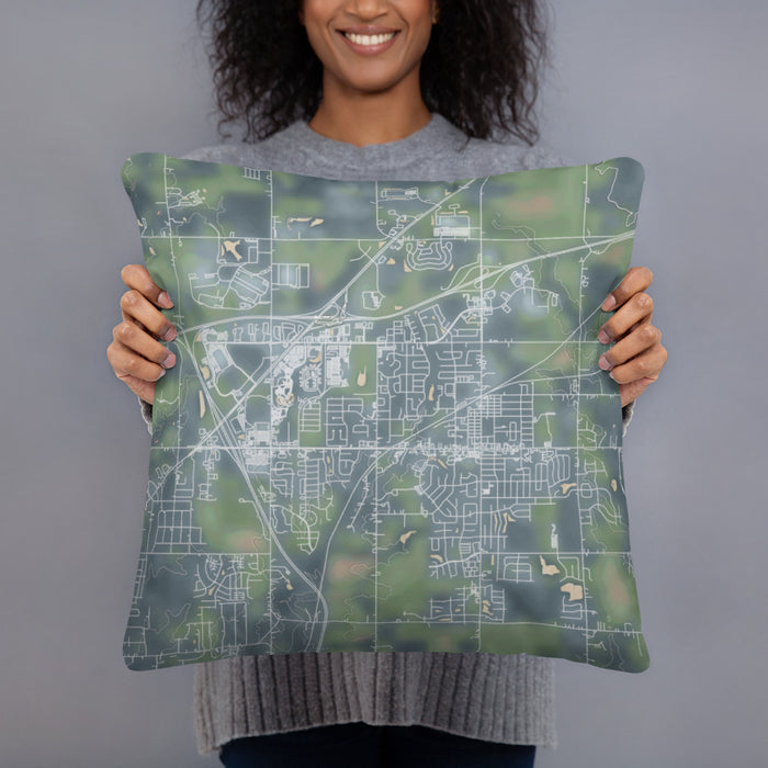 Person holding 18x18 Custom Altoona Iowa Map Throw Pillow in Afternoon