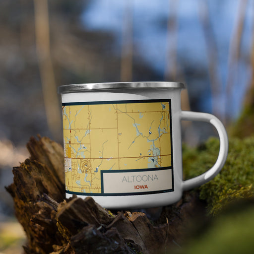 Right View Custom Altoona Iowa Map Enamel Mug in Woodblock on Grass With Trees in Background