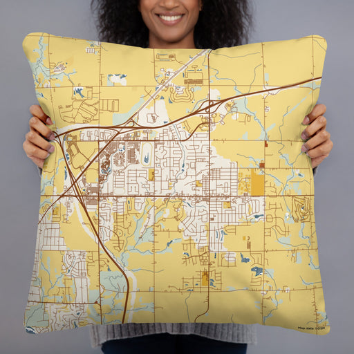 Person holding 22x22 Custom Altoona Iowa Map Throw Pillow in Woodblock