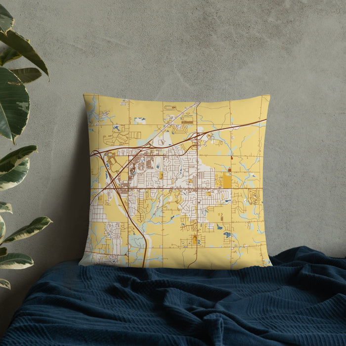 Custom Altoona Iowa Map Throw Pillow in Woodblock on Bedding Against Wall