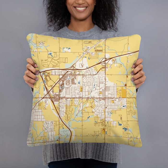 Person holding 18x18 Custom Altoona Iowa Map Throw Pillow in Woodblock