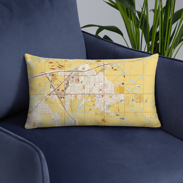 Custom Altoona Iowa Map Throw Pillow in Woodblock on Blue Colored Chair