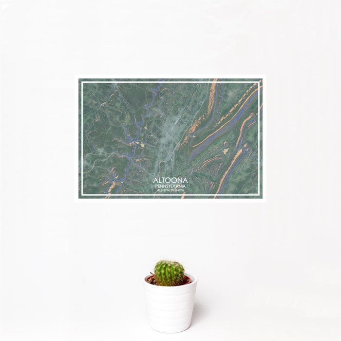 12x18 Altoona Pennsylvania Map Print Landscape Orientation in Afternoon Style With Small Cactus Plant in White Planter