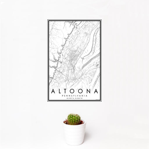 12x18 Altoona Pennsylvania Map Print Portrait Orientation in Classic Style With Small Cactus Plant in White Planter