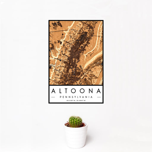 12x18 Altoona Pennsylvania Map Print Portrait Orientation in Ember Style With Small Cactus Plant in White Planter