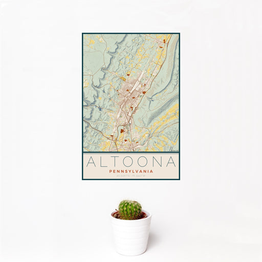 12x18 Altoona Pennsylvania Map Print Portrait Orientation in Woodblock Style With Small Cactus Plant in White Planter