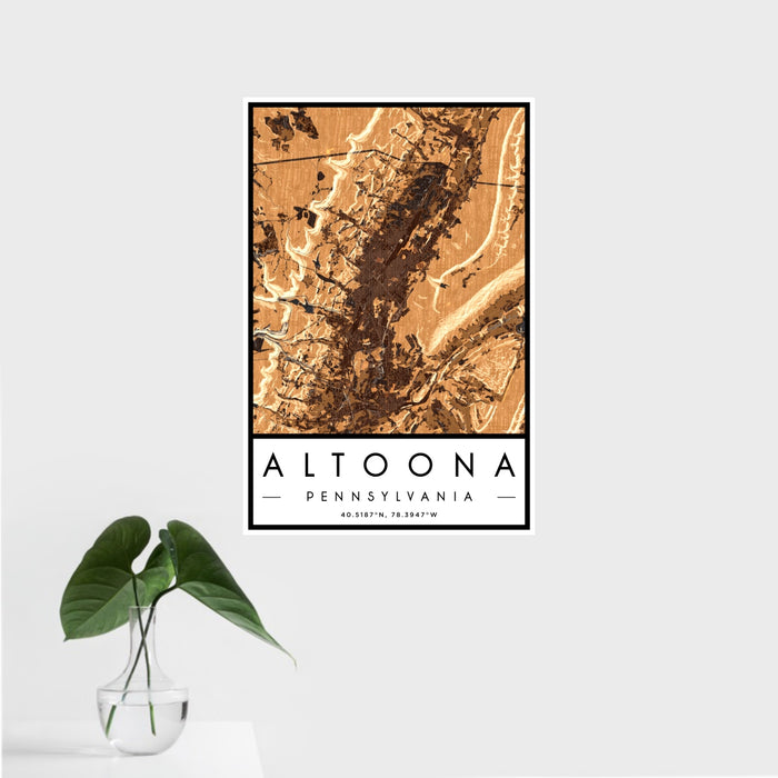16x24 Altoona Pennsylvania Map Print Portrait Orientation in Ember Style With Tropical Plant Leaves in Water