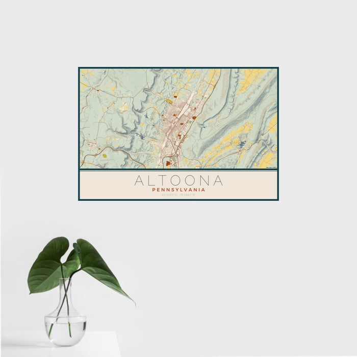 16x24 Altoona Pennsylvania Map Print Landscape Orientation in Woodblock Style With Tropical Plant Leaves in Water