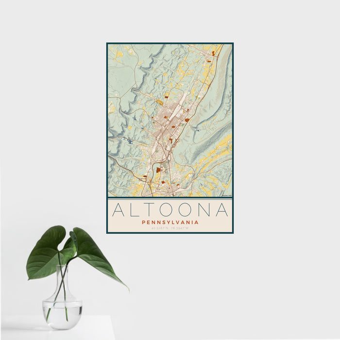 16x24 Altoona Pennsylvania Map Print Portrait Orientation in Woodblock Style With Tropical Plant Leaves in Water