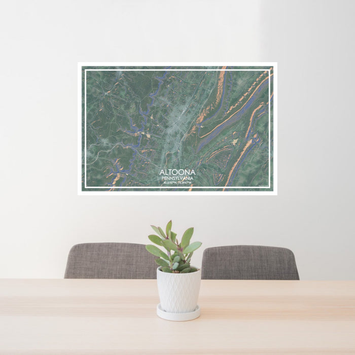 24x36 Altoona Pennsylvania Map Print Lanscape Orientation in Afternoon Style Behind 2 Chairs Table and Potted Plant