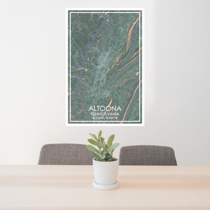 24x36 Altoona Pennsylvania Map Print Portrait Orientation in Afternoon Style Behind 2 Chairs Table and Potted Plant