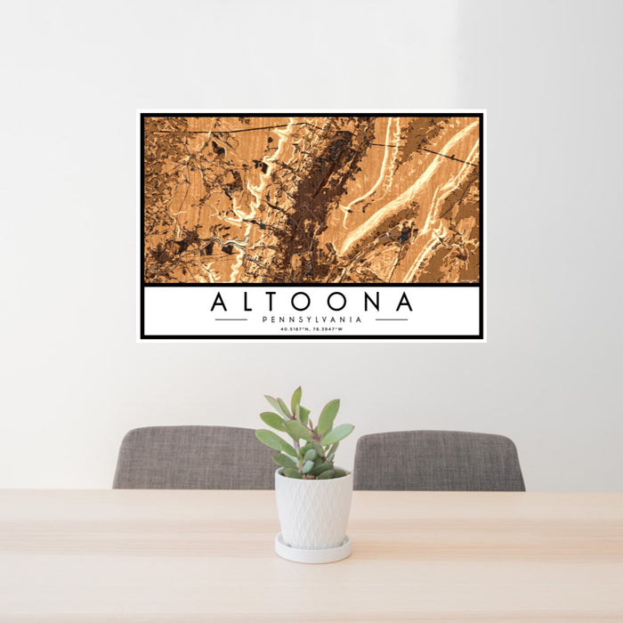 24x36 Altoona Pennsylvania Map Print Lanscape Orientation in Ember Style Behind 2 Chairs Table and Potted Plant