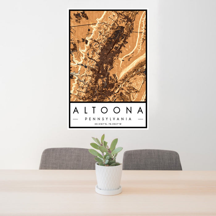 24x36 Altoona Pennsylvania Map Print Portrait Orientation in Ember Style Behind 2 Chairs Table and Potted Plant