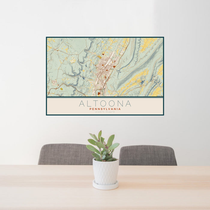 24x36 Altoona Pennsylvania Map Print Lanscape Orientation in Woodblock Style Behind 2 Chairs Table and Potted Plant