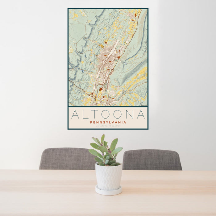 24x36 Altoona Pennsylvania Map Print Portrait Orientation in Woodblock Style Behind 2 Chairs Table and Potted Plant