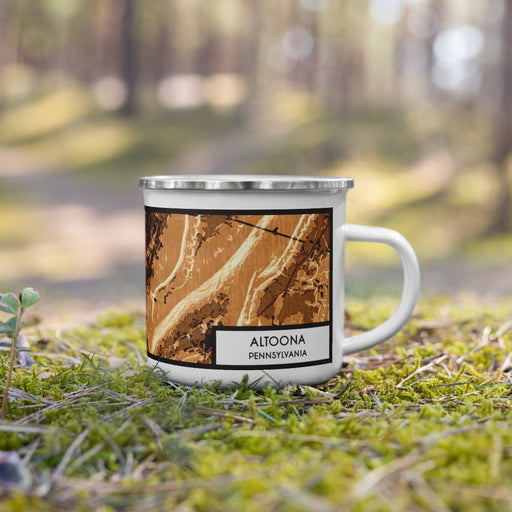 Right View Custom Altoona Pennsylvania Map Enamel Mug in Ember on Grass With Trees in Background