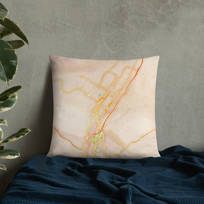 Custom Altoona Pennsylvania Map Throw Pillow in Watercolor on Bedding Against Wall