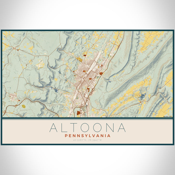 Altoona Pennsylvania Map Print Landscape Orientation in Woodblock Style With Shaded Background