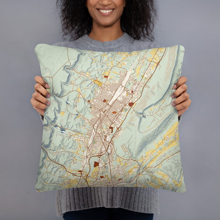 Person holding 18x18 Custom Altoona Pennsylvania Map Throw Pillow in Woodblock
