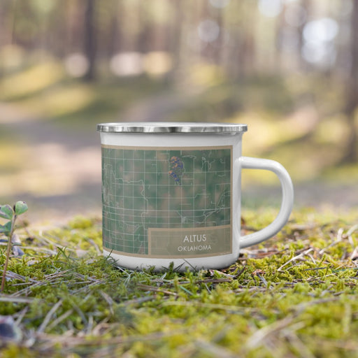 Right View Custom Altus Oklahoma Map Enamel Mug in Afternoon on Grass With Trees in Background