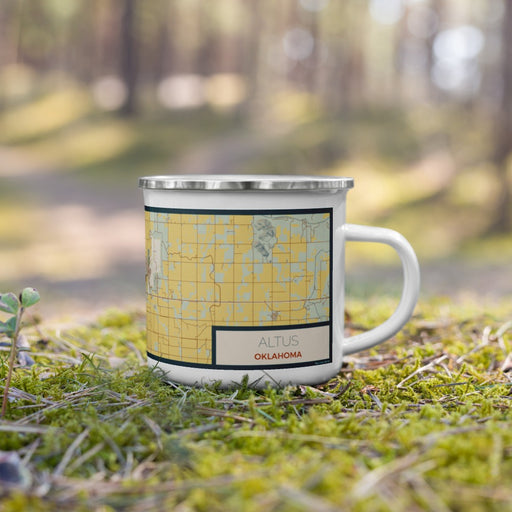 Right View Custom Altus Oklahoma Map Enamel Mug in Woodblock on Grass With Trees in Background