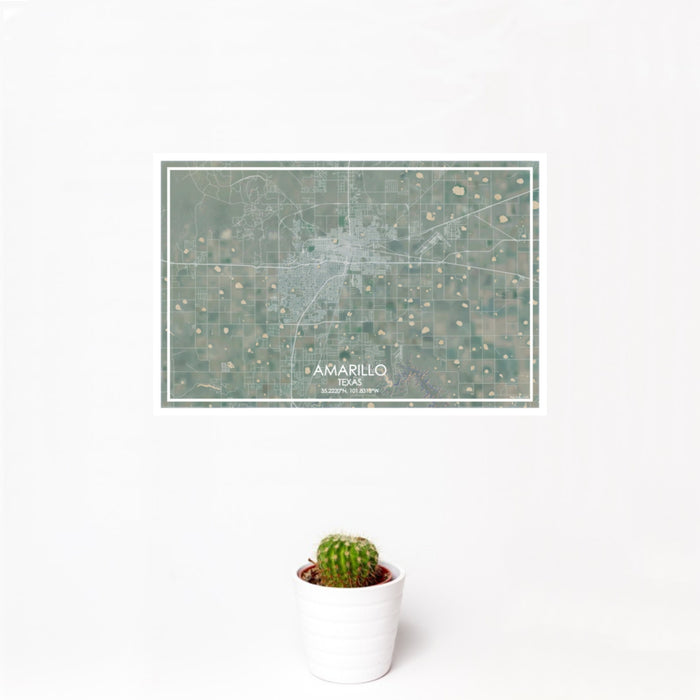 12x18 Amarillo Texas Map Print Landscape Orientation in Afternoon Style With Small Cactus Plant in White Planter