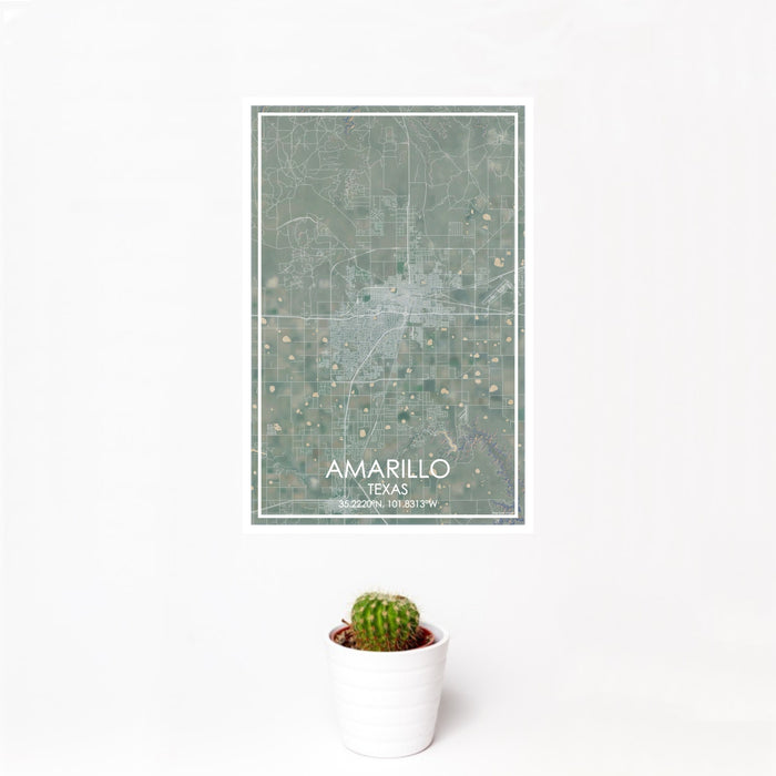 12x18 Amarillo Texas Map Print Portrait Orientation in Afternoon Style With Small Cactus Plant in White Planter