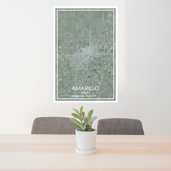 24x36 Amarillo Texas Map Print Portrait Orientation in Afternoon Style Behind 2 Chairs Table and Potted Plant