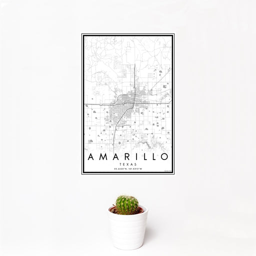 12x18 Amarillo Texas Map Print Portrait Orientation in Classic Style With Small Cactus Plant in White Planter