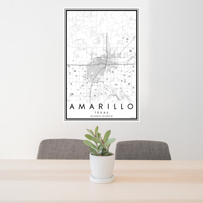 24x36 Amarillo Texas Map Print Portrait Orientation in Classic Style Behind 2 Chairs Table and Potted Plant