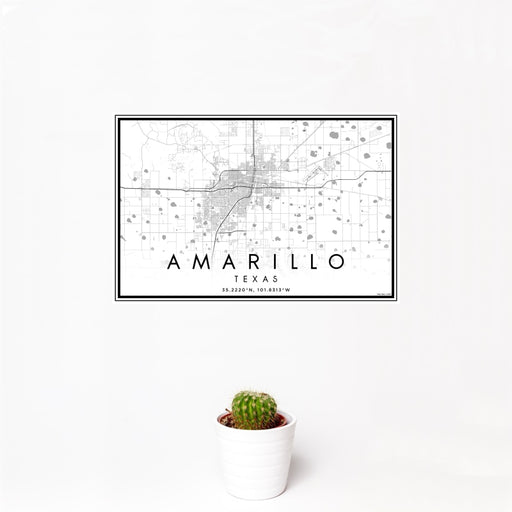 12x18 Amarillo Texas Map Print Landscape Orientation in Classic Style With Small Cactus Plant in White Planter