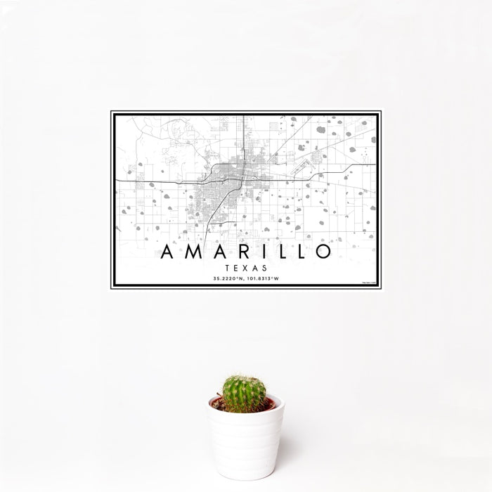 12x18 Amarillo Texas Map Print Landscape Orientation in Classic Style With Small Cactus Plant in White Planter