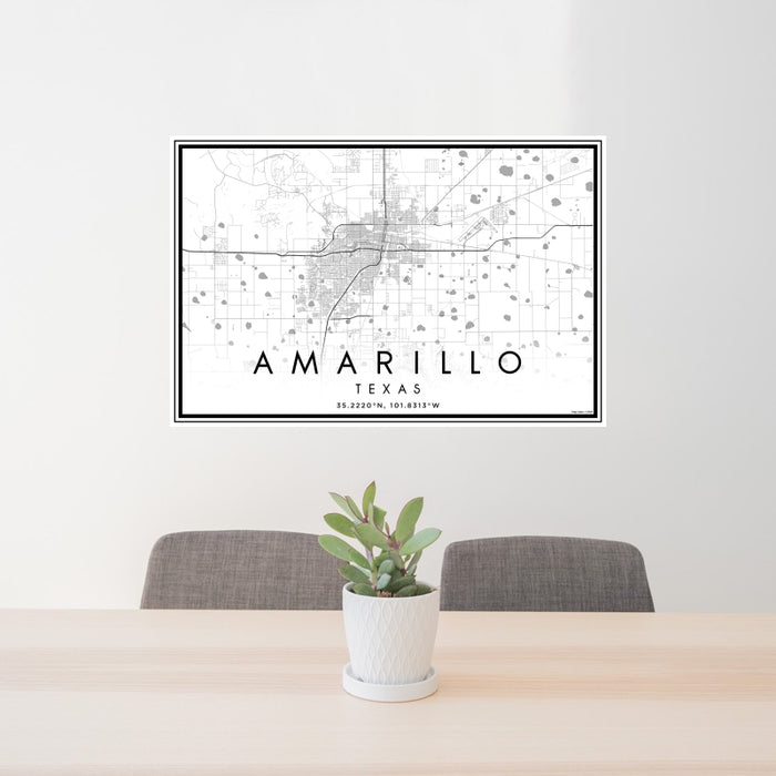 24x36 Amarillo Texas Map Print Landscape Orientation in Classic Style Behind 2 Chairs Table and Potted Plant