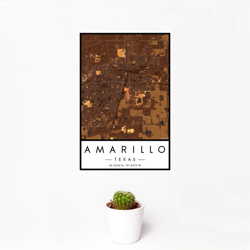 12x18 Amarillo Texas Map Print Portrait Orientation in Ember Style With Small Cactus Plant in White Planter