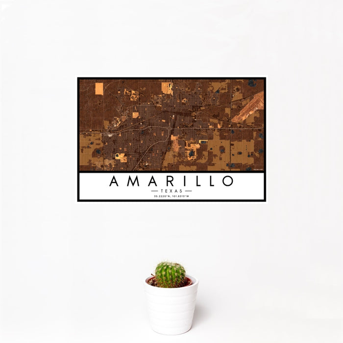12x18 Amarillo Texas Map Print Landscape Orientation in Ember Style With Small Cactus Plant in White Planter