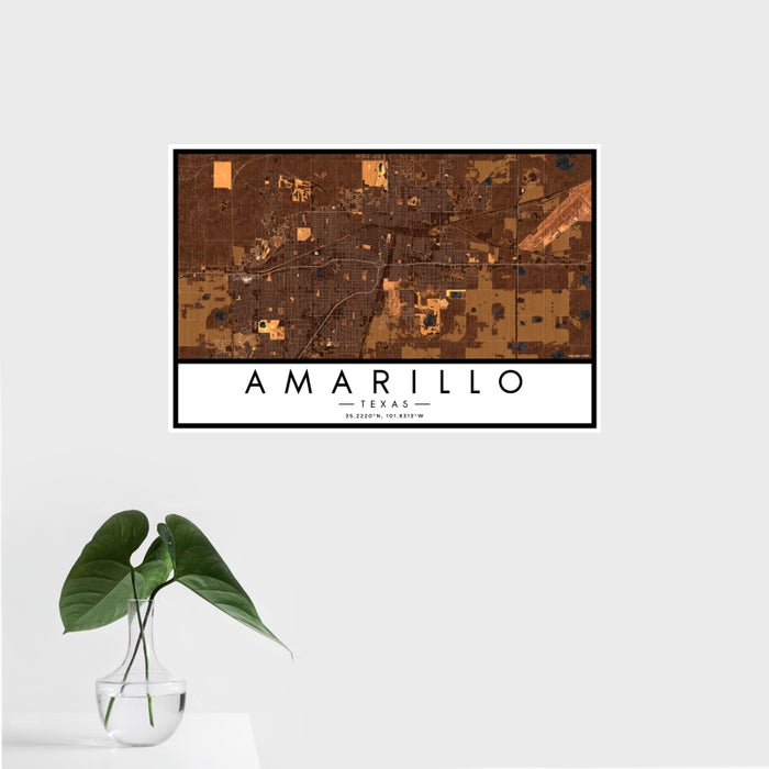 16x24 Amarillo Texas Map Print Landscape Orientation in Ember Style With Tropical Plant Leaves in Water