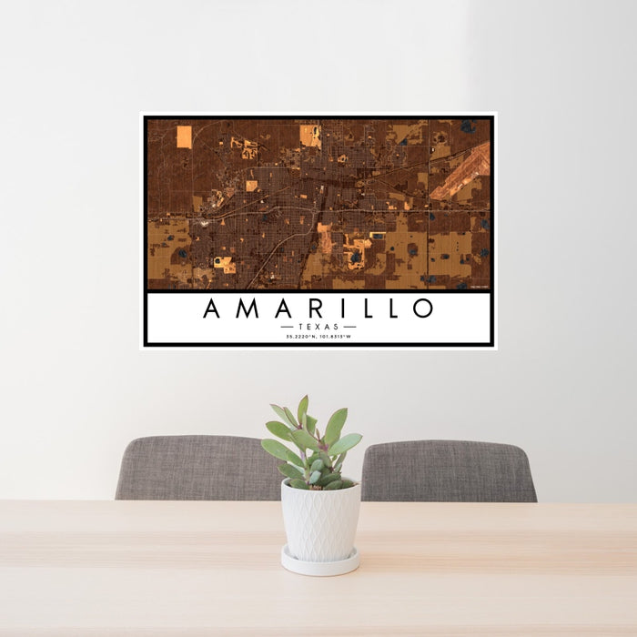 24x36 Amarillo Texas Map Print Landscape Orientation in Ember Style Behind 2 Chairs Table and Potted Plant