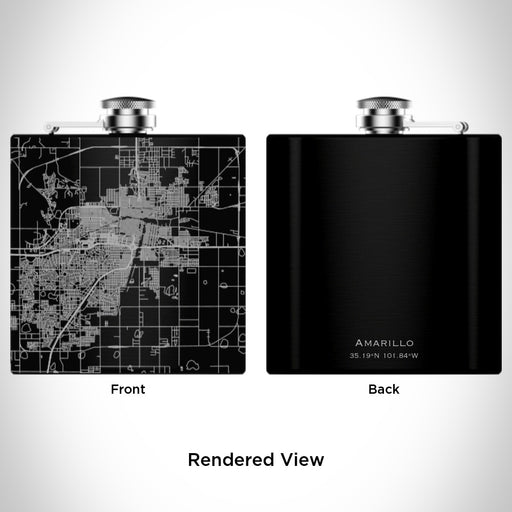 Rendered View of Amarillo Texas Map Engraving on 6oz Stainless Steel Flask in Black