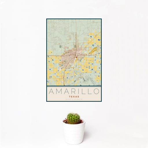 12x18 Amarillo Texas Map Print Portrait Orientation in Woodblock Style With Small Cactus Plant in White Planter