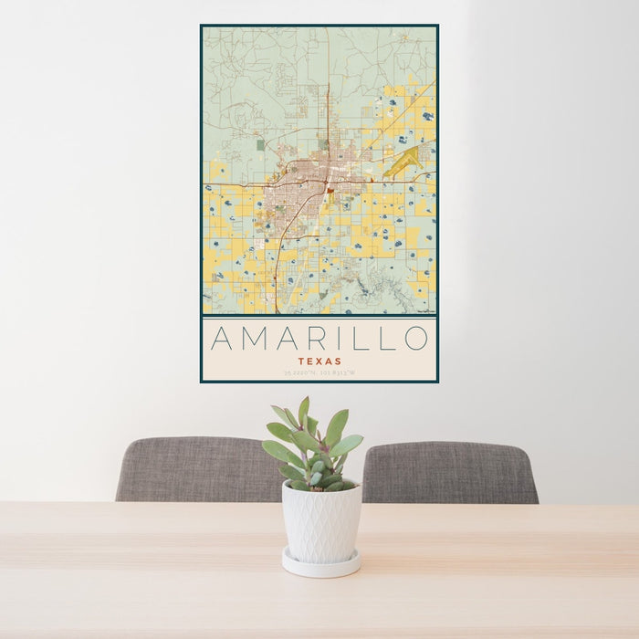 24x36 Amarillo Texas Map Print Portrait Orientation in Woodblock Style Behind 2 Chairs Table and Potted Plant
