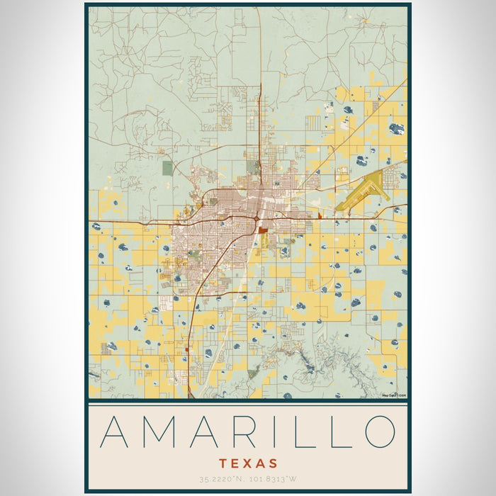 Amarillo Texas Map Print Portrait Orientation in Woodblock Style With Shaded Background
