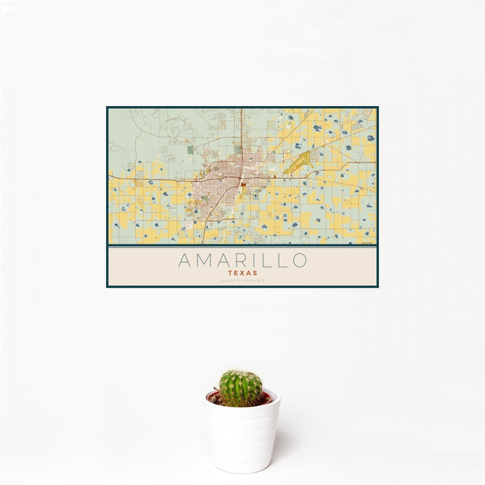12x18 Amarillo Texas Map Print Landscape Orientation in Woodblock Style With Small Cactus Plant in White Planter