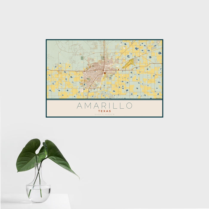 16x24 Amarillo Texas Map Print Landscape Orientation in Woodblock Style With Tropical Plant Leaves in Water