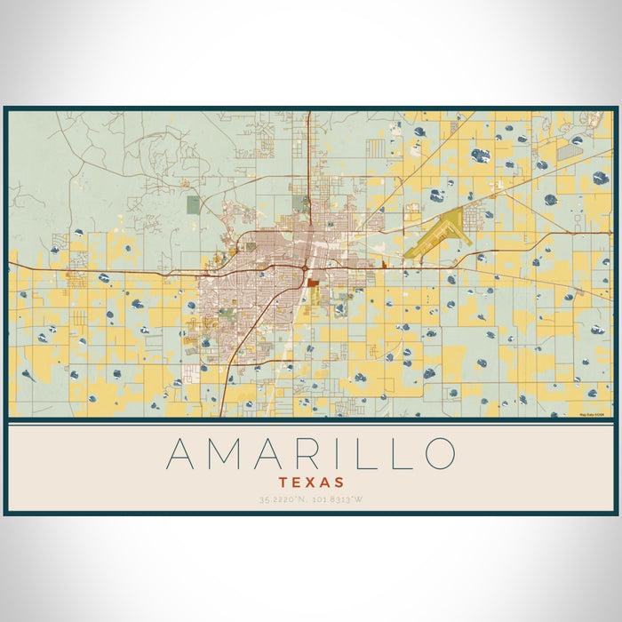 Amarillo Texas Map Print Landscape Orientation in Woodblock Style With Shaded Background