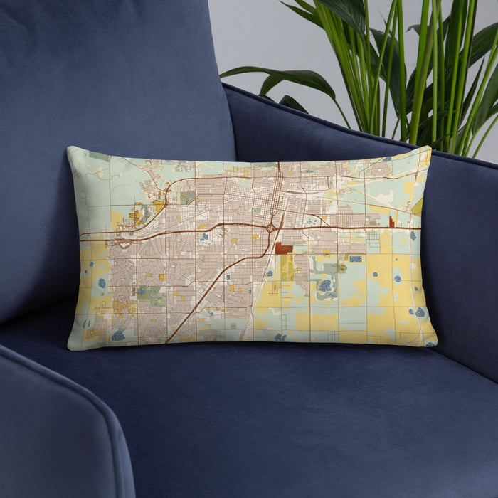 Custom Amarillo Texas Map Throw Pillow in Woodblock on Blue Colored Chair